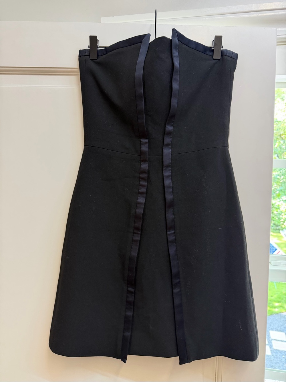 Maje Strapless Black Dress with Satin Vertical Trim